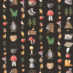 Watercolor seamless pattern featuring camping lanterns, acorns, and woodland details