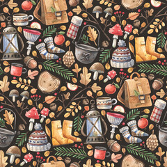 Watercolor seamless pattern featuring autumn hiking boots, backpack, and forest leaves
