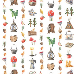 Cozy woodland pattern with lanterns, mushroom houses, and fall foliage in watercolor style