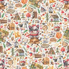 Hand-drawn seamless pattern with traveler cat, cozy cabins, and autumn forest elements