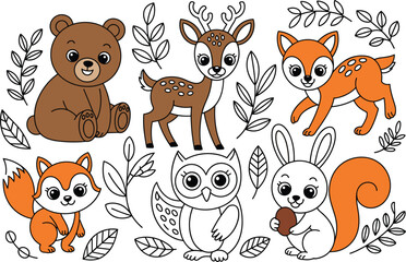 Cute Woodland Animals and Leaves Cartoon Collection vector