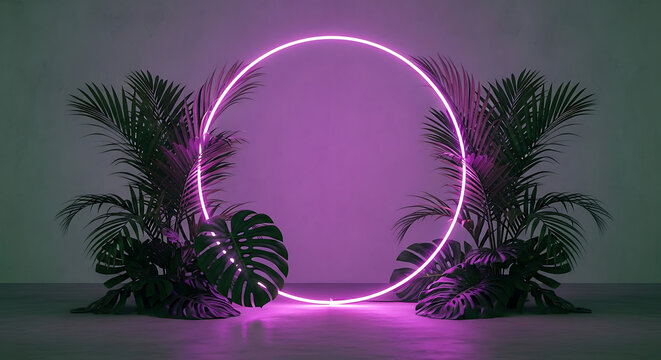 Glowing pink neon circle with tropical green plants in minimalistic room