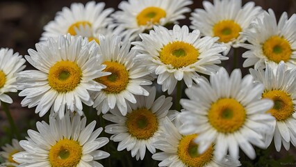 Obraz premium Extreme Close-up of White Daisies with Water Drops and Yellow Centers