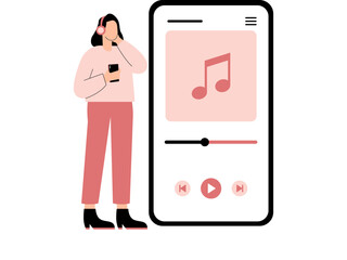 Lady listening music in headphone. Music Player illustration. Flat vector illustration.