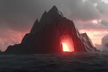 Dark, jagged mountain island with glowing cave opening at sunset