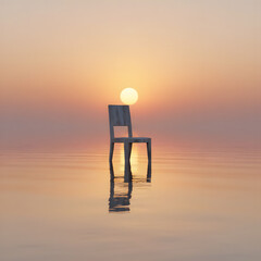 Obraz premium Surreal Wooden Chair Standing on Water Surface During Sunset
