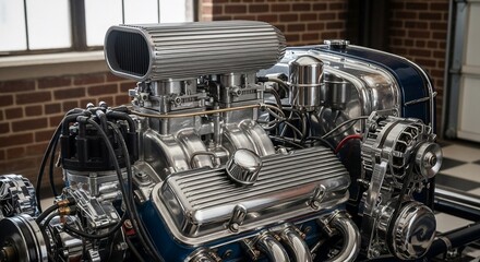 Detailed shot of a powerful custom-built V8 engine, featuring a large supercharger and polished chrome parts in a garage