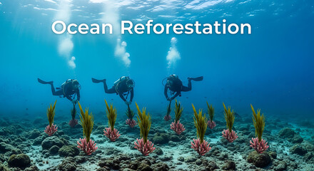 Divers planting seaweed for ocean reforestation project underwater