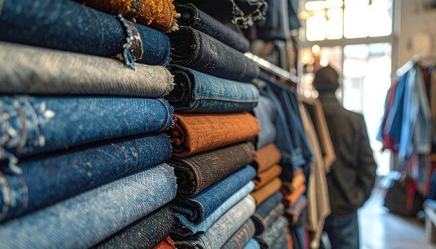 Stacks of Denim and Fabric in a Vintage Clothing Store