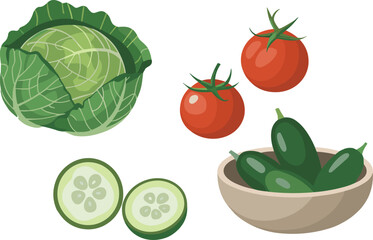 Fresh Cabbage, Tomatoes, Cucumbers, and Sliced Cucumbers Keywords: vegetables, fresh, food