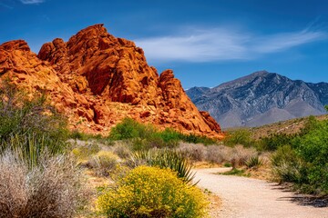 Red rock formations, desert trail, vibrant landscape