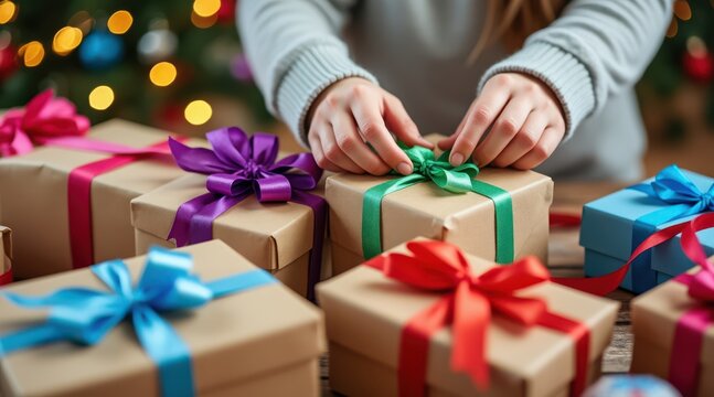 teen community service concept. Gift wrapping with colorful ribbons and festive decorations.