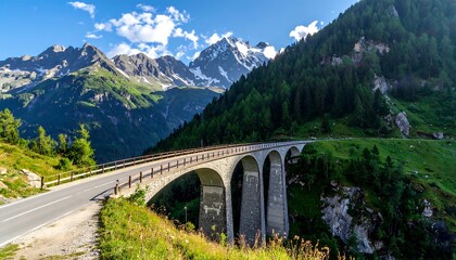 Scenic view of mountain road, bridge, and green forests in sunshine