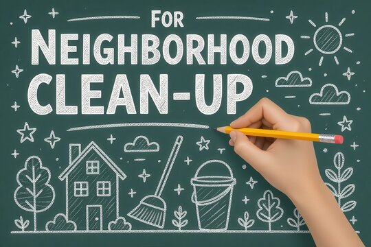 teen community service concept. Neighborhood clean-up event illustrated with chalk drawings on a chalkboard.