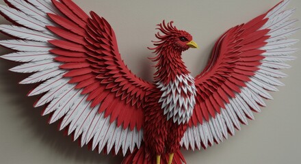 Fototapeta premium Red and white phoenix paper sculpture with wings spread
