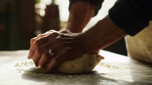 Close up of a baker s hands kneading fresh dough on a floured kitchen counter for homemade bread or pasta capturing the artisanal culinary process