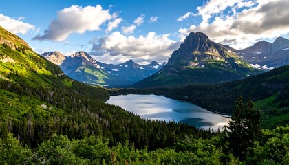 Obraz premium Scenic vista featuring a mountain lake, lush forest, and peaks under a bright sky