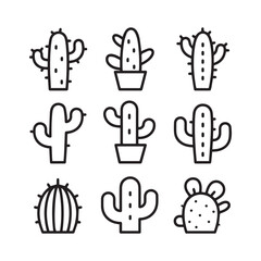  Simple Clear Single Cactus Various Style Icon Set Vector Line Art.