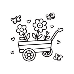  Simple Flower Wagon With Hearts And Butterflies Toddler-Friendly Line Art Design. 
