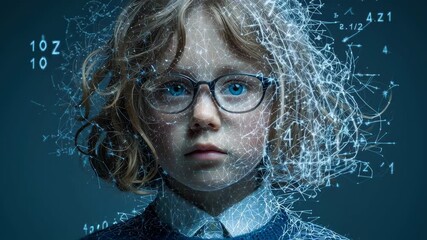 Child with glasses surrounded by glowing mathematical formulas and digital network lines symbolizing intelligence futuristic learning education and digital intelligence futuristic network environment - Powered by Adobe