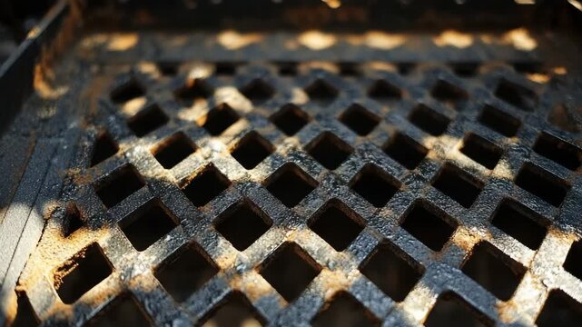 Close-up of rusted metal grid pattern with sunlight shadows and textured surface