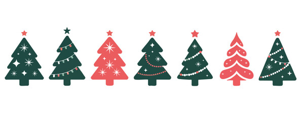 Decorated Christmas Tree Set, Red and Green Holiday Trees, vector, silhouette, illustration.