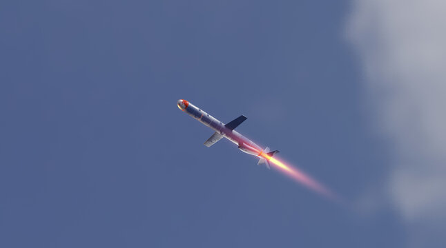 Missile attack. Cruise missile flying. Missile launch.