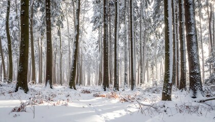 Fototapeta premium Snowy forest scene with tall trees and a sunlit path through the woods