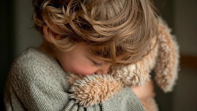 Young child curly hair hugging soft plush stuffed animal toy showing tender emotional expression comfort affection close up portrait blue eyes indoors natural light cozy setting