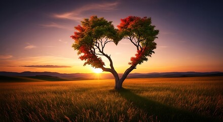 Fototapeta premium Heart Tree Sunset Field Landscape.