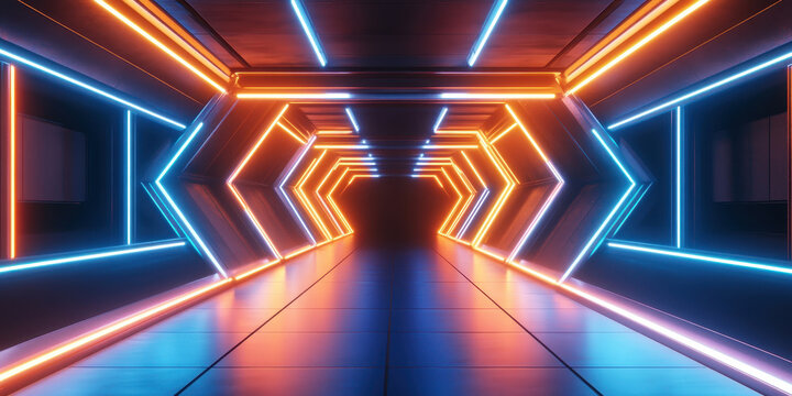 A neon tunnel with orange and blue lights - Powered by Adobe