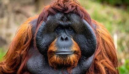 Portrait of a mature primate with reddish-brown fur, looking directly at the camera