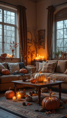 Obraz premium Cozy living room decorated for autumn with pumpkins, candles, and warm lighting creates welcoming atmosphere. room features comfortable sofa, patterned cushions, and wooden coffee table adorned