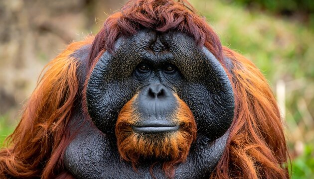 Portrait of a mature primate with reddish-brown fur, looking directly at the camera