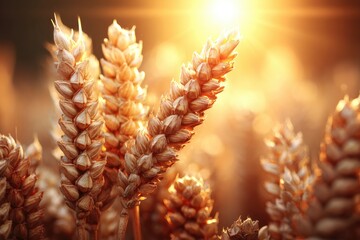 Fototapeta premium Golden wheat stalks bathed in warm sunlight