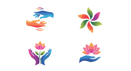 Collection of diverse wellness and support symbols featuring hands and nature inspired elements.
