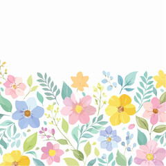 Elegant Floral Botanical Border Vector with Hand-Drawn Flowers and Watercolor Pastel Style