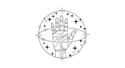 Mystical hand surrounded by stars and celestial orbits representing cosmic energy and destiny.