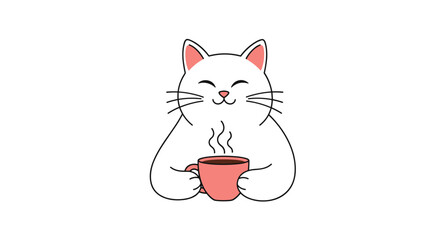 A cozy white cat happily sips from a warm pink mug of coffee.