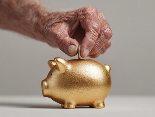 Elderly hands inserting coin into golden piggy bank close-up financial savings concept minimalist background