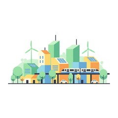 A vibrant illustration of a modern, sustainable city with diverse infrastructure and clean energy solutions. The city showcases a commitment to environmental protection and efficient urban design