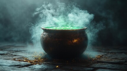 Mysterious cauldron brewing enchanted forest fantasy scene dark atmosphere low angle alchemical secrets