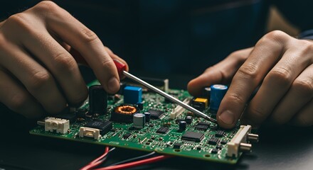 Close-up of Engineer's Hands Meticulously Working on a Green Circuit Board with Electronic Components, Highlighting Precision and Technological Dev...