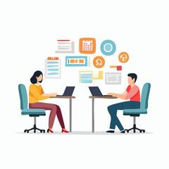 Flat Design Vector Illustration of People Working on Laptops in a Teamwork Concept