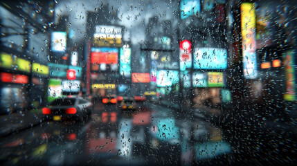 Naklejka premium Rainy city night scene viewed through a wet window, with neon signs and blurred traffic lights reflecting on wet streets.