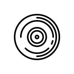 Simple black outline of a vinyl record with concentric circles on a transparent white background representing music and sound.