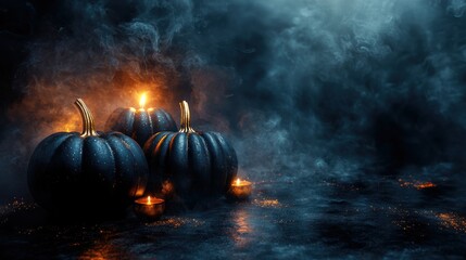 Mystical pumpkin display at halloween spooky atmosphere decorative art eerie lighting close-up perspective