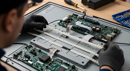 Professional Technician Repairing Flat-Screen Television with Precision, Focusing on Internal Components and LED Backlight Assembly