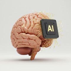 Human brain connected to an AI computer chip with golden circuits, symbolizing artificial intelligence and neural networks.