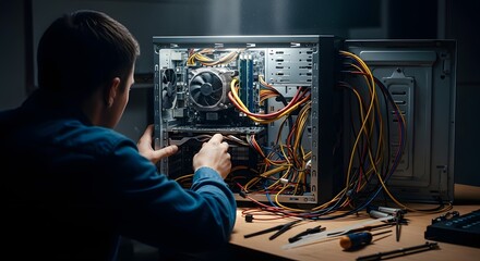 Focused technician assembling or repairing a desktop computer, showcasing internal hardware components and intricate wiring during maintenance or u...